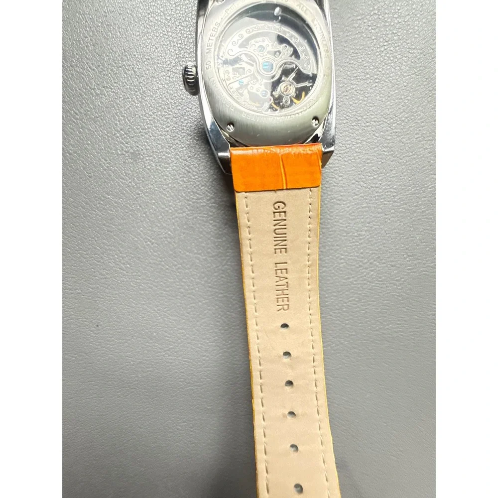 Jeanneret Women Orange Skeleton Automatic Watch Stainless Steel Leather J-64283